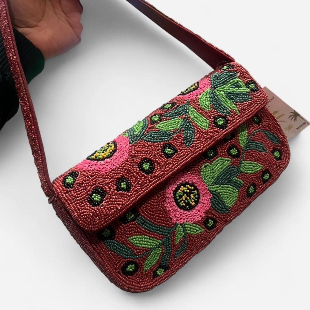 America & Beyond Express Red Floral Beaded Shoulder Bag - Pink and Green NWT